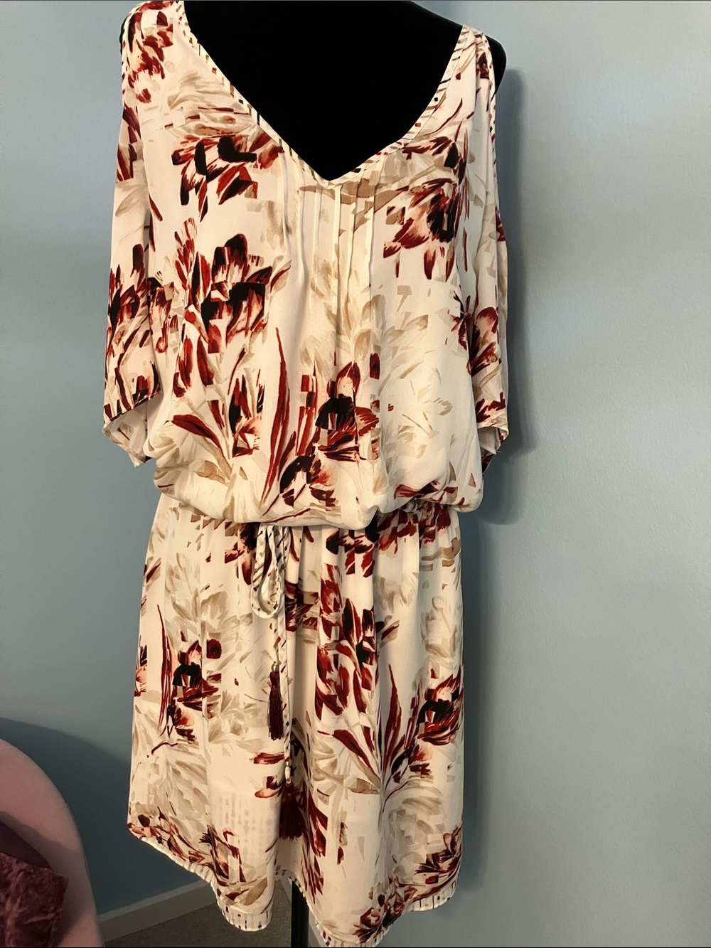 White House Black Market Cream Cold Shoulder Dress with Maroon Floral Print